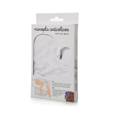 Light blue anti-colic glove in a box, featuring a soothing design with soft fabric, ideal for comforting infants.
