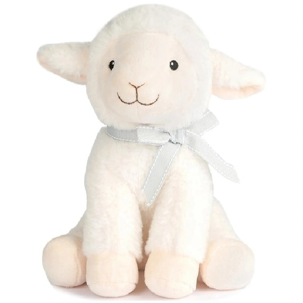 Soft white lamb plush with a sweet expression, sitting upright, wearing a light gray ribbon.