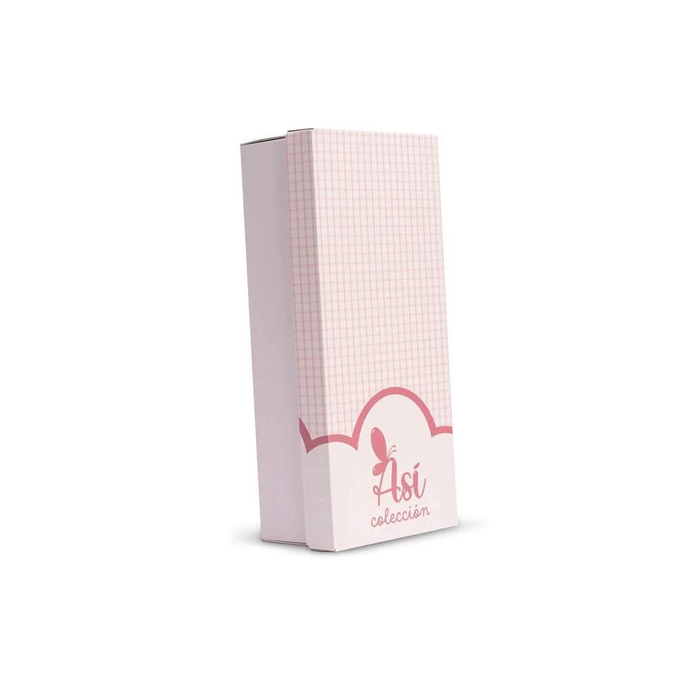 Pastel pink and white checkered box with "Así colección" logo in red, featuring a bunny motif.