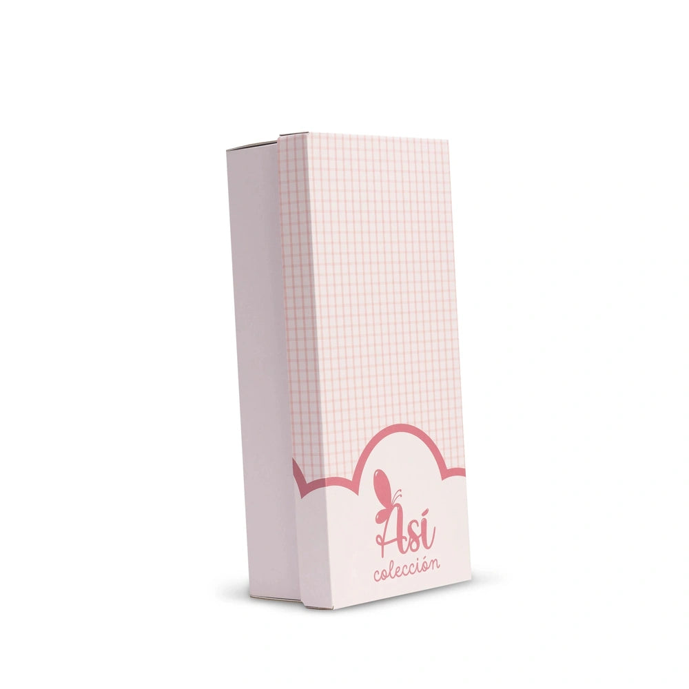 Pink and white checkered ASI Dolls box with butterfly logo and “ASI colección” text.