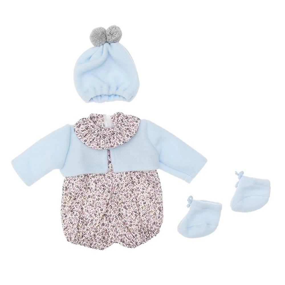 Light blue jacket, floral romper, matching hat with pom-poms, and booties for 46 cm Así dolls.