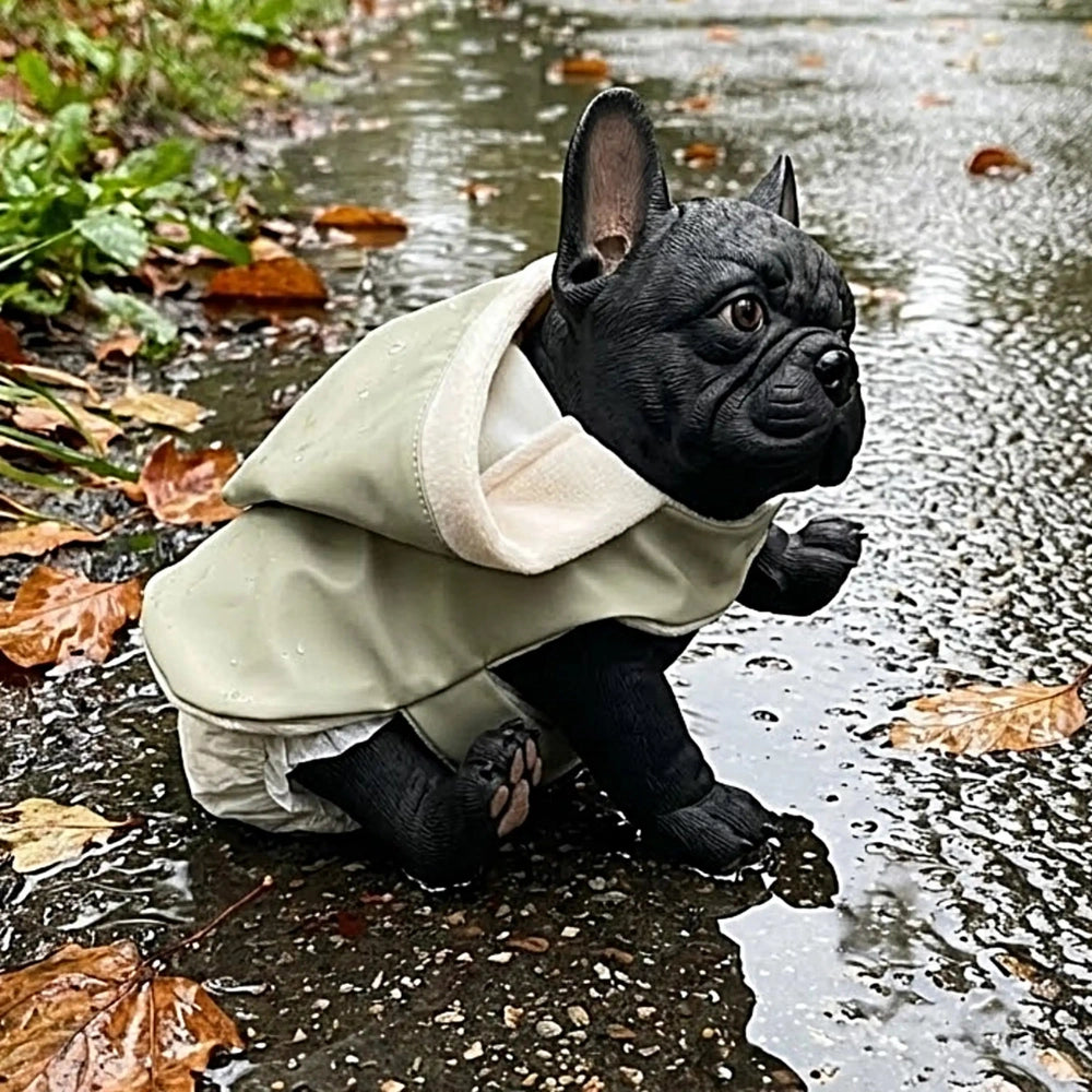 ASI Dolls Nono The Bulldog in a green raincoat, sitting on a wet surface with a curious expression.