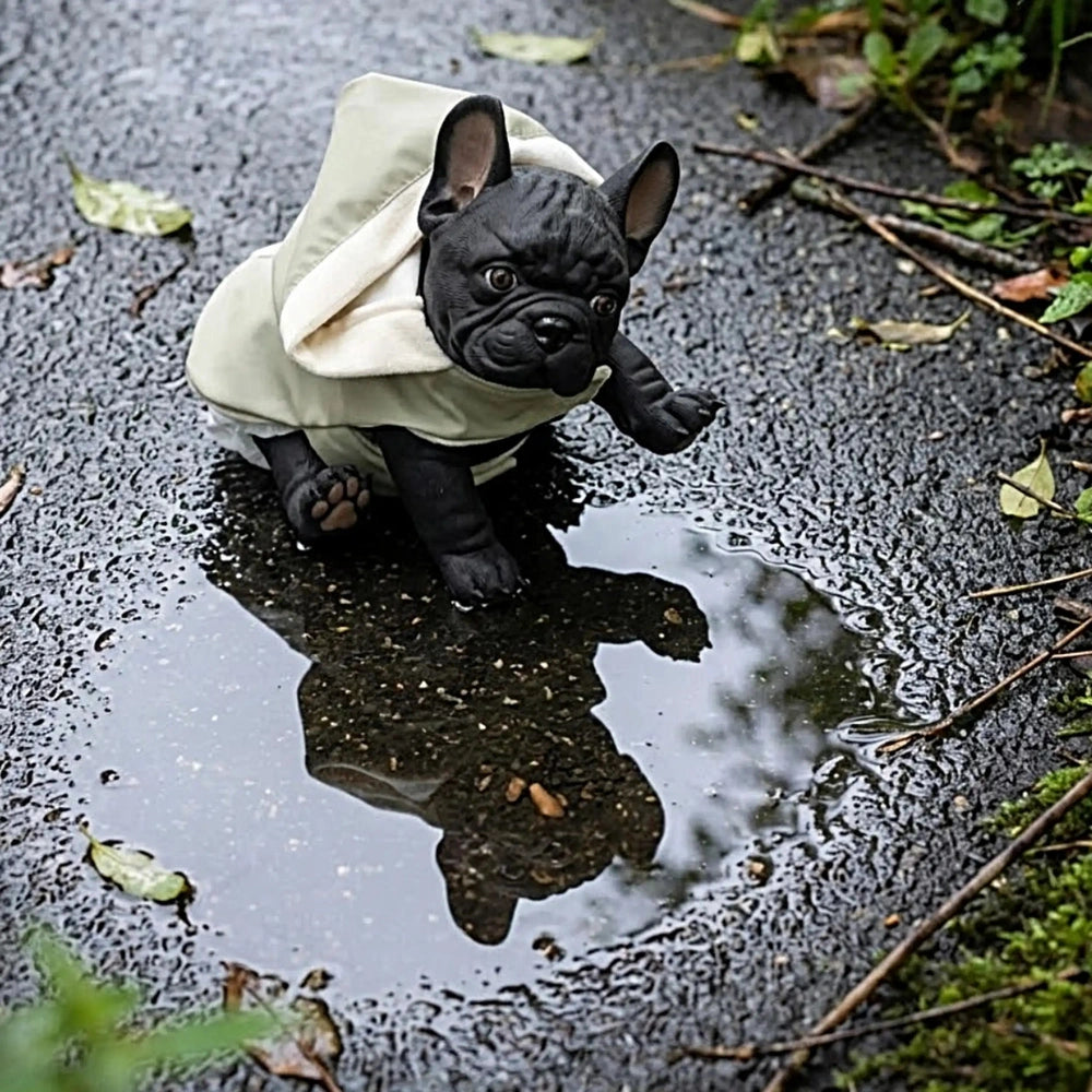 ASI Dolls Nono The Bulldog wears a green raincoat, sitting on a reflective wet surface in a natural outdoor setting.