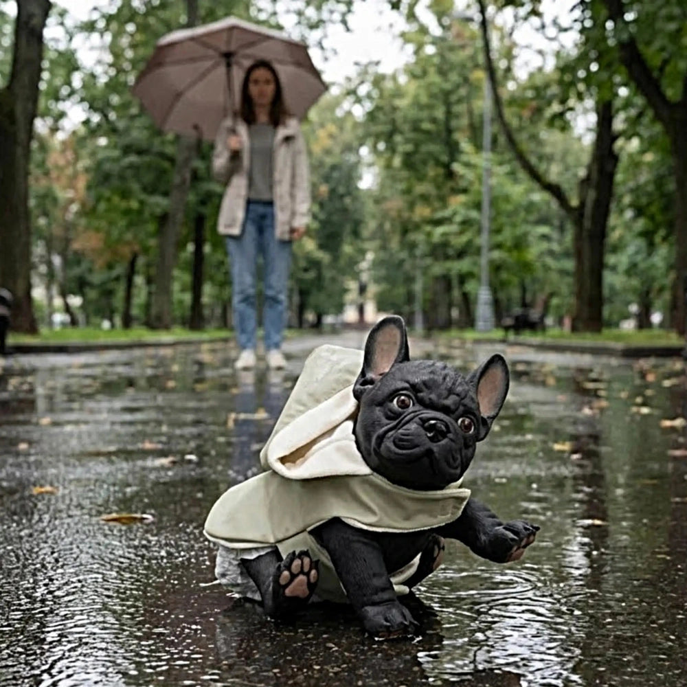 ASI Dolls - Nono The Bulldog in a green raincoat on a wet path with trees in the background, adding a playful touch to the ra