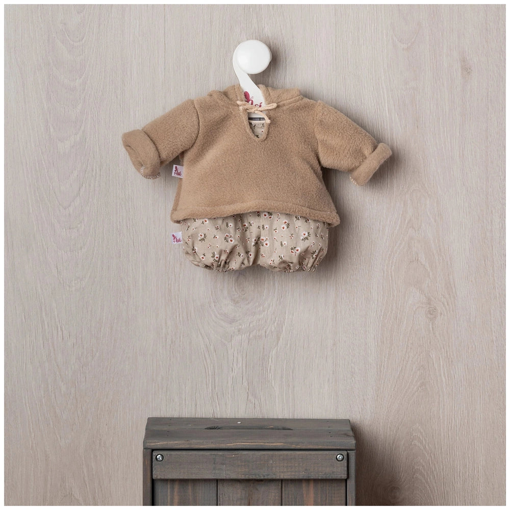 ASI Dolls outfit for 36cm doll featuring a soft, knitted light brown sweater with floral patterns on a hanger.