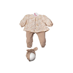 ASI Dolls outfit featuring a floral long-sleeved top, beige pants, and a separate white ball with a light brown bow.