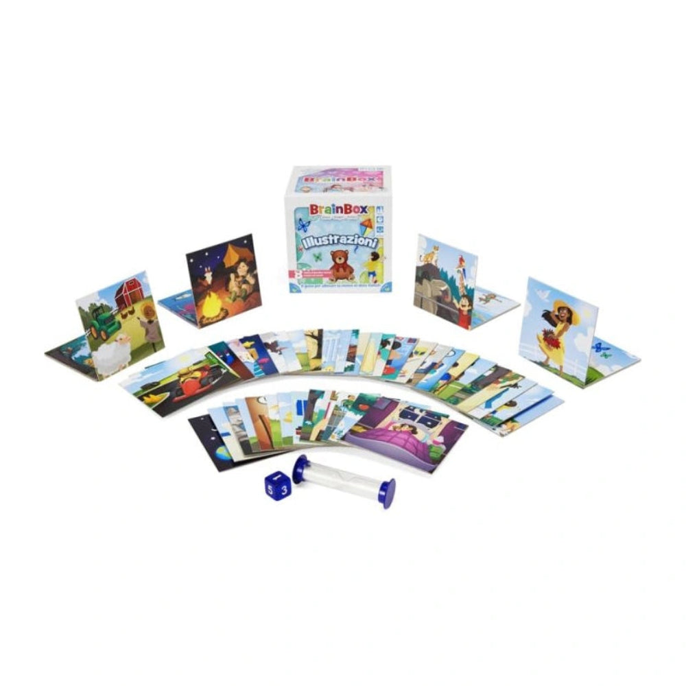 Collection of educational cards and dice with 'BrainBox' branding on a white background