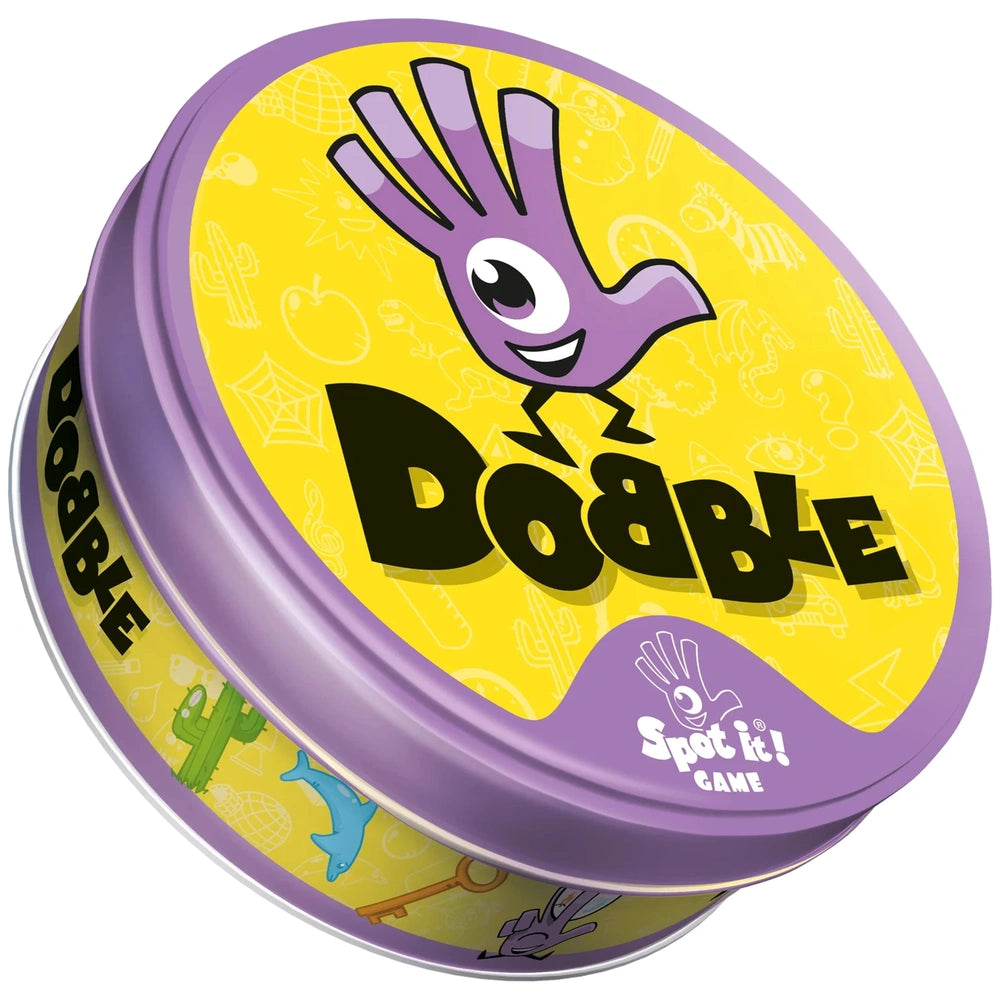 ASMODEE Dobble Card Game box with vibrant design features a cartoon purple bird, clear front window showcasing blue fish and green frog.