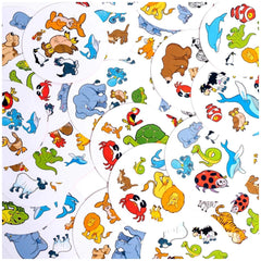 ASMODEE Dobble Kids Card Game features vibrant circular cards with cartoon animal illustrations, designed for young players' fun and cognitive development.
