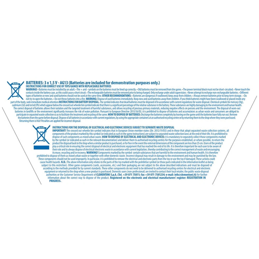 Baby Clementoni Animal Friends Musical Ball activity toy instruction page detailing battery usage and disposal guidelines.