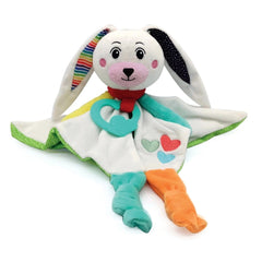Baby Clementoni's Sweet Bunny comforter features a white plush rabbit with colorful accents and a friendly expression.