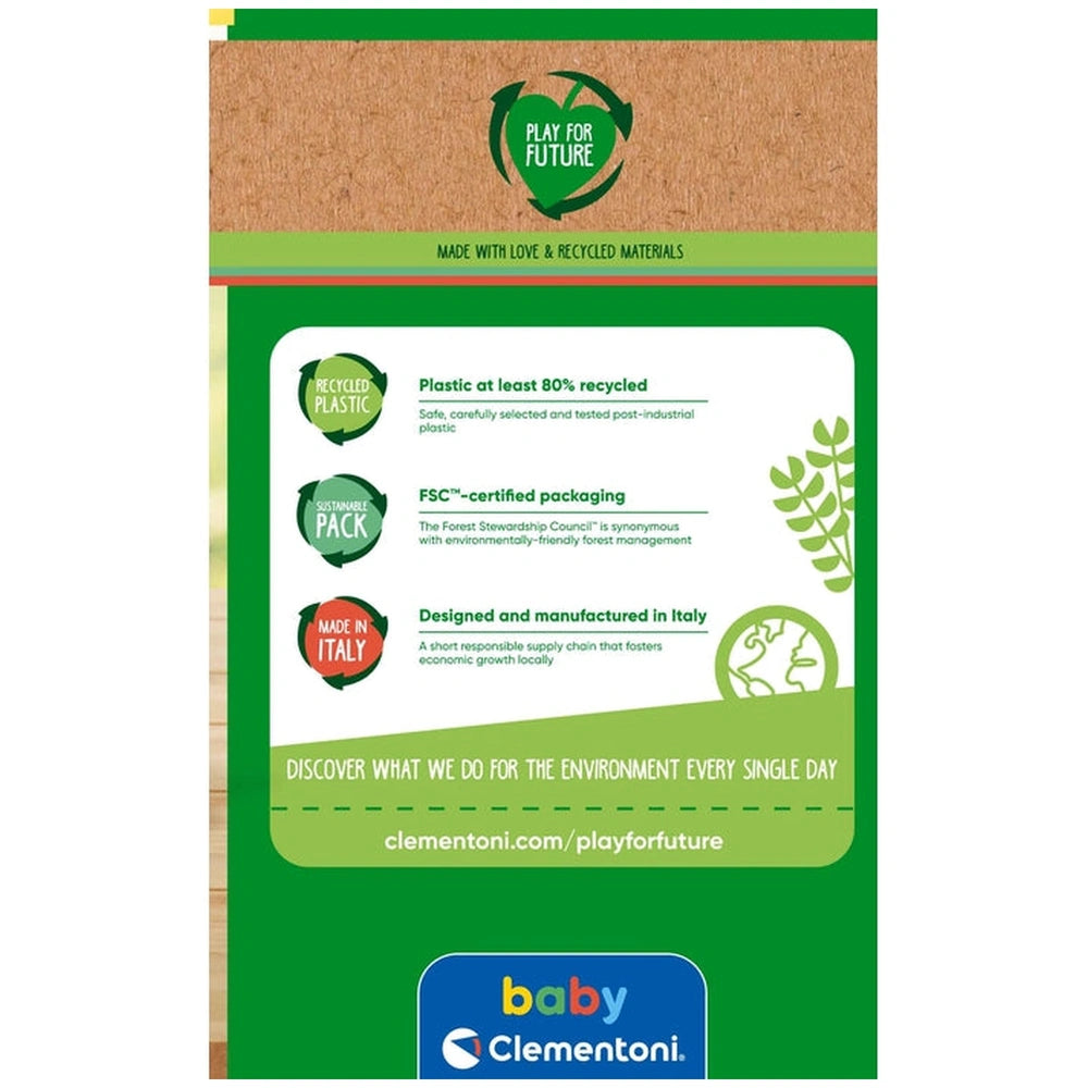 Baby Clementoni sorting and stacking toys flyer features a green and brown design with eco-friendly messages and symbols.