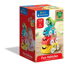 Baby Clementoni sorting and stacking toy box features a colorful vehicle design with smiling characters and playful text.
