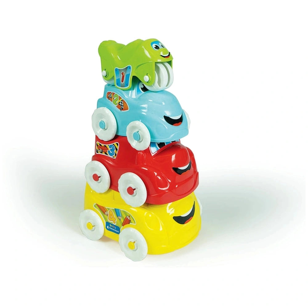 Colorful toy train stacked vertically with green, blue, red, and yellow sections, featuring playful faces and wheels.