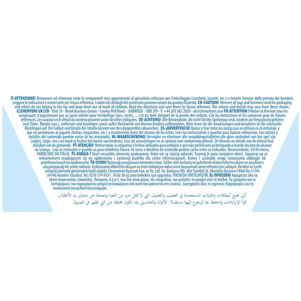 Baby Clementoni sorting and stacking toys with colorful text in multiple languages on a white background.