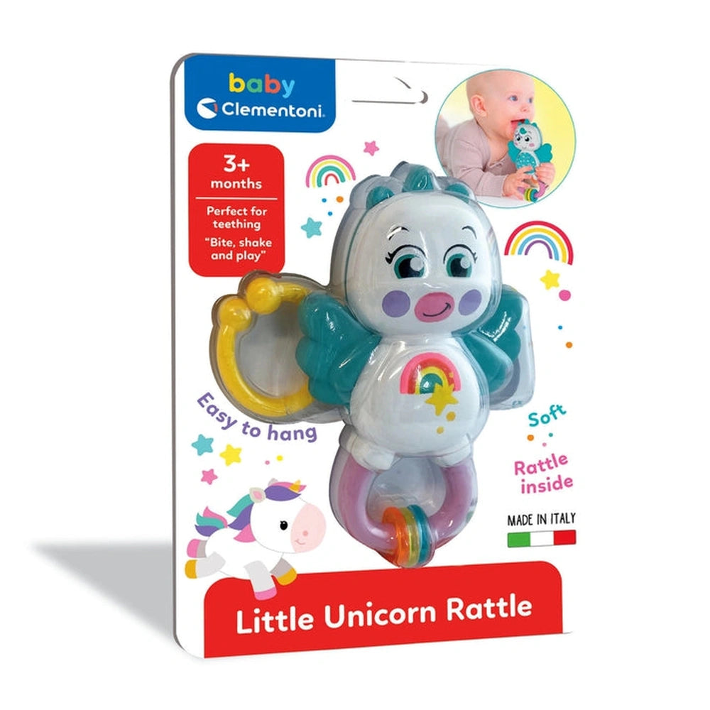 Baby Clementoni Little Unicorn Rattle packaging features vibrant colors and playful imagery, appealing to young children.