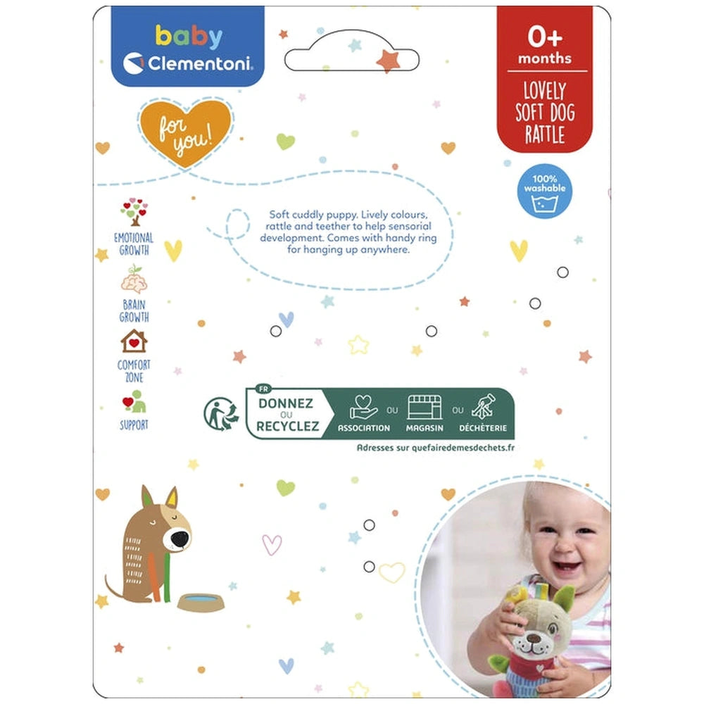 Baby Clementoni Lovely Soft Dog Rattle features a colorful design with a cartoon dog and text promoting sensory development.