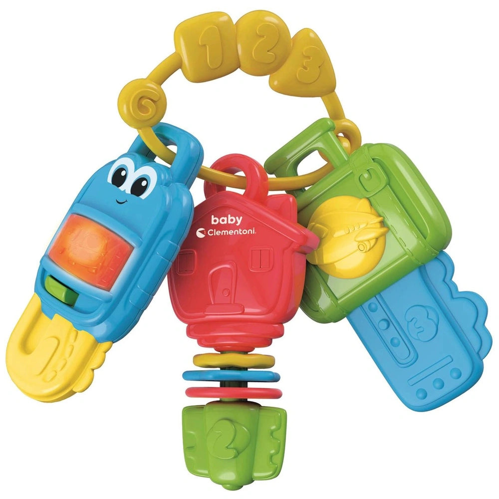 Baby Clementoni toy features a colorful, cartoonish design with vibrant red, blue, yellow, and green components for engaging 