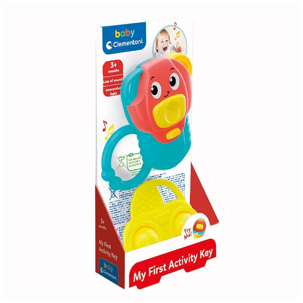 Baby Clementoni My First Activity Key toy packaging features a smiling face design, bright colors, and age suitability indica