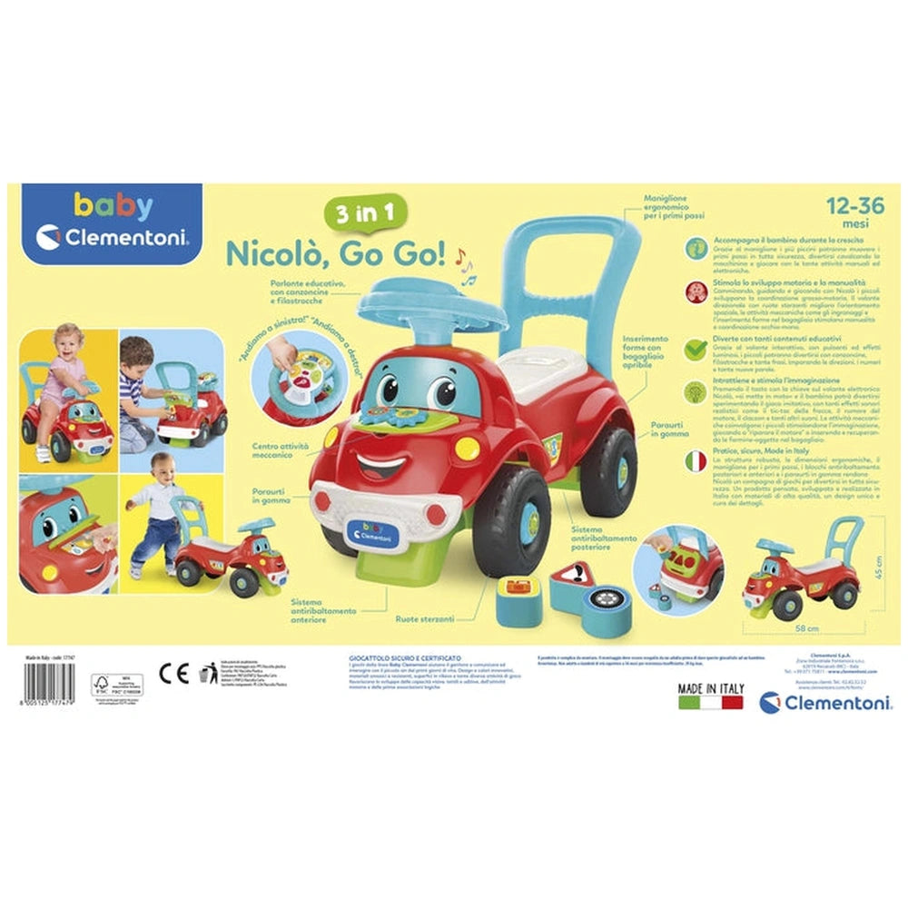 Baby Clementoni Nicolo Go Go riding toy in red and blue packaging, featuring a smiling car and a child's hand.