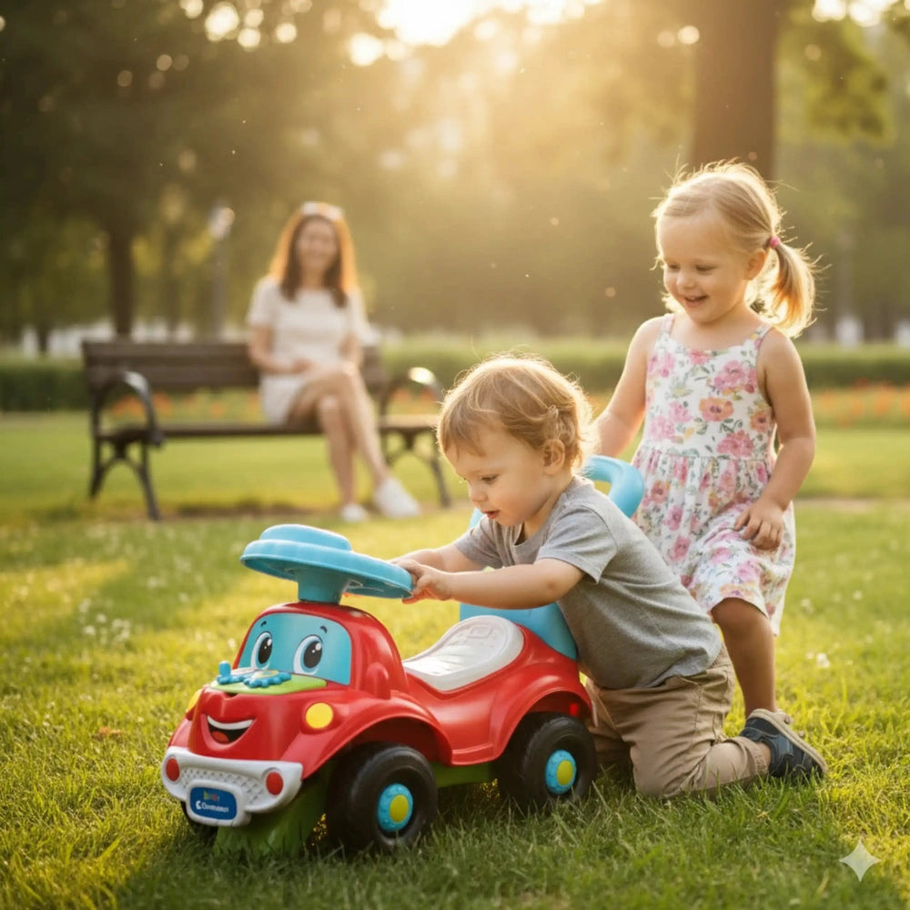 Baby Clementoni Nicolo Go Go 3 In 1 Riding Toys is played with by a child in a park, featuring a smiling toy car.