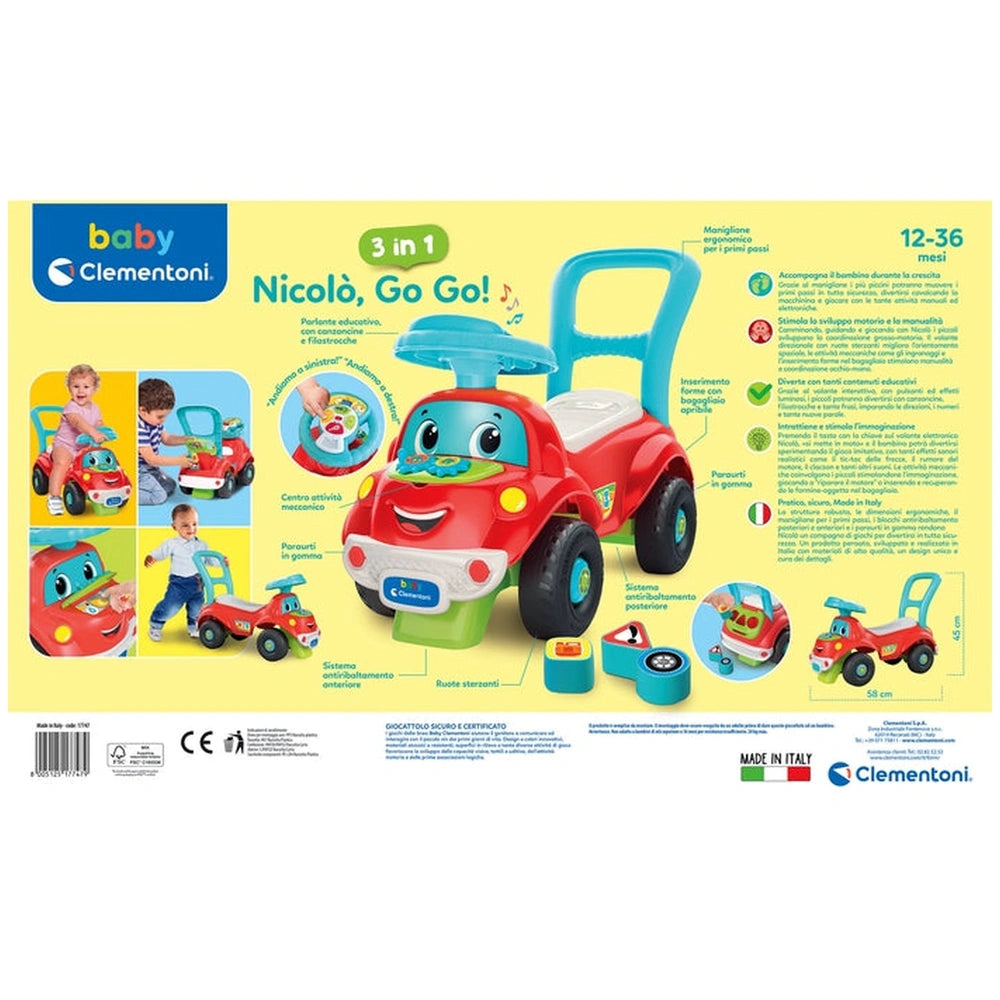 Baby Clementoni's Nicolo Go Go 3 In 1 Riding Toys features a colorful toy car with a friendly face on vibrant packaging.