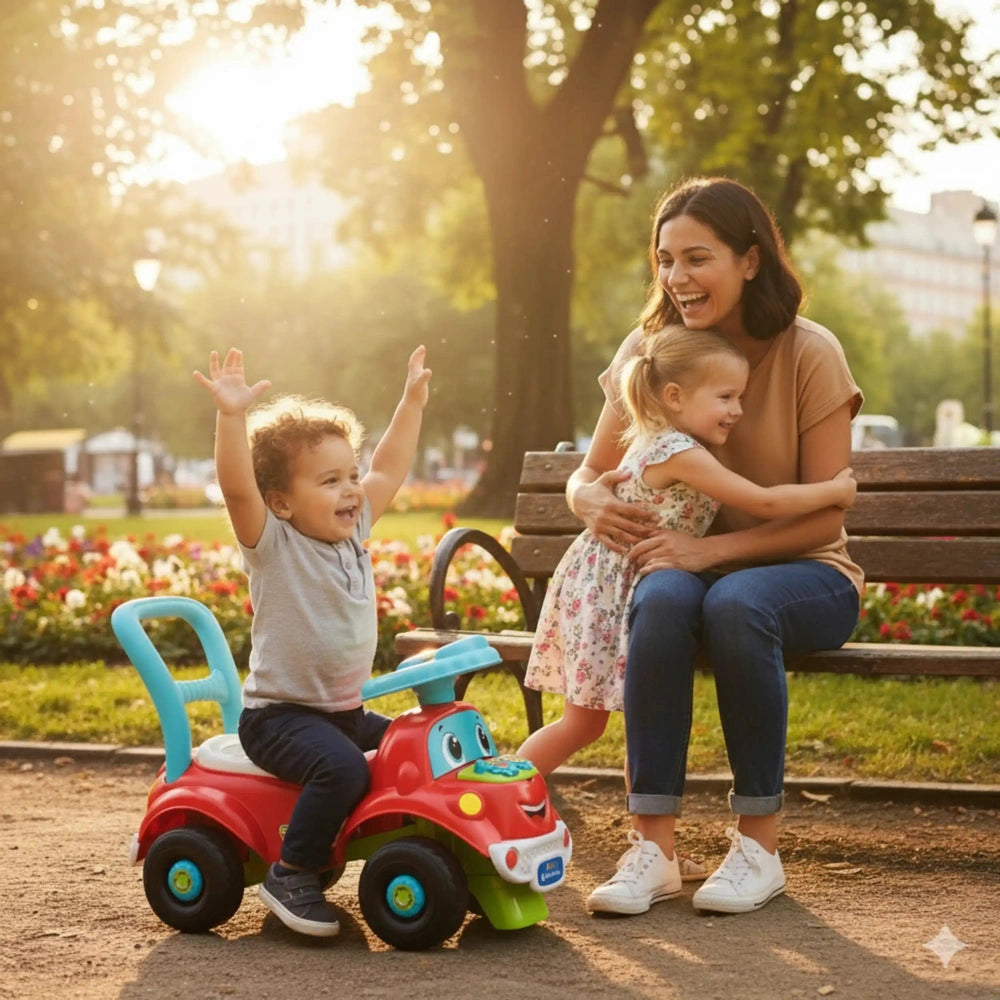 Baby Clementoni Nicolo Go Go 3 In 1 Riding Toys is showcased outdoors with a smiling woman and two children in a park setting