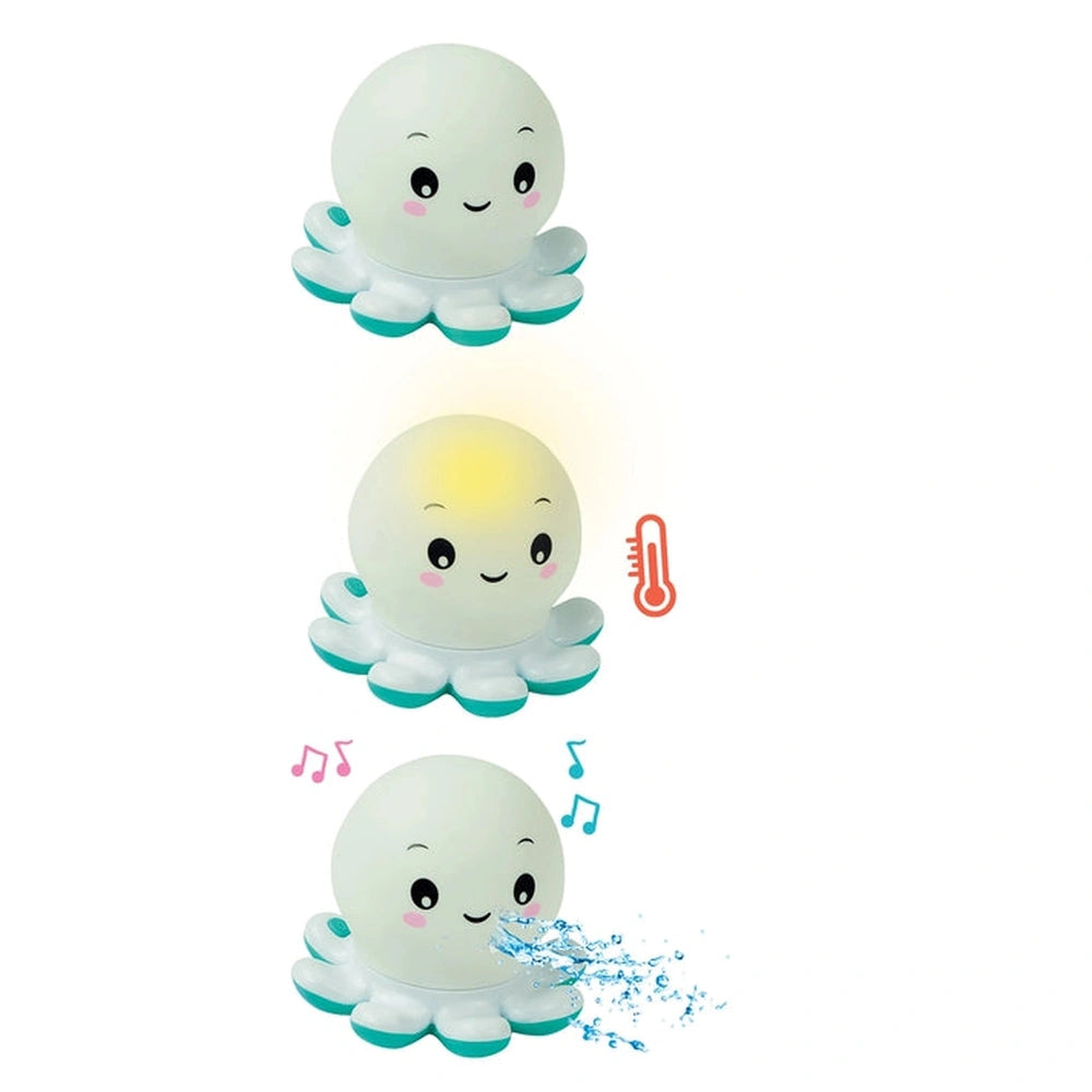 Baby Clementoni Octo Baby Bath Toys feature three smiling cartoon octopuses in white, blue, and pink against a light backgrou