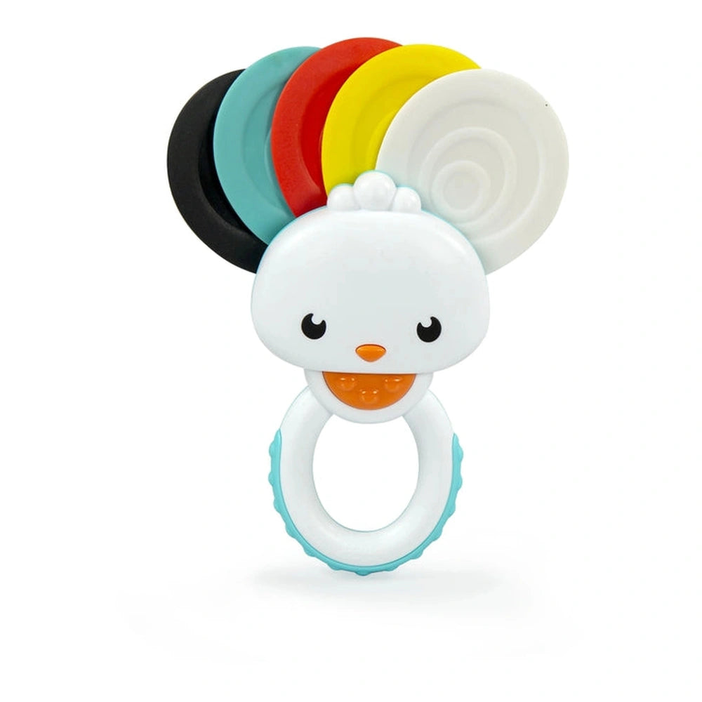 Baby Clementoni Rainbow Peacock Rattle features a central white ring with a face design surrounded by vibrant red, blue, and 