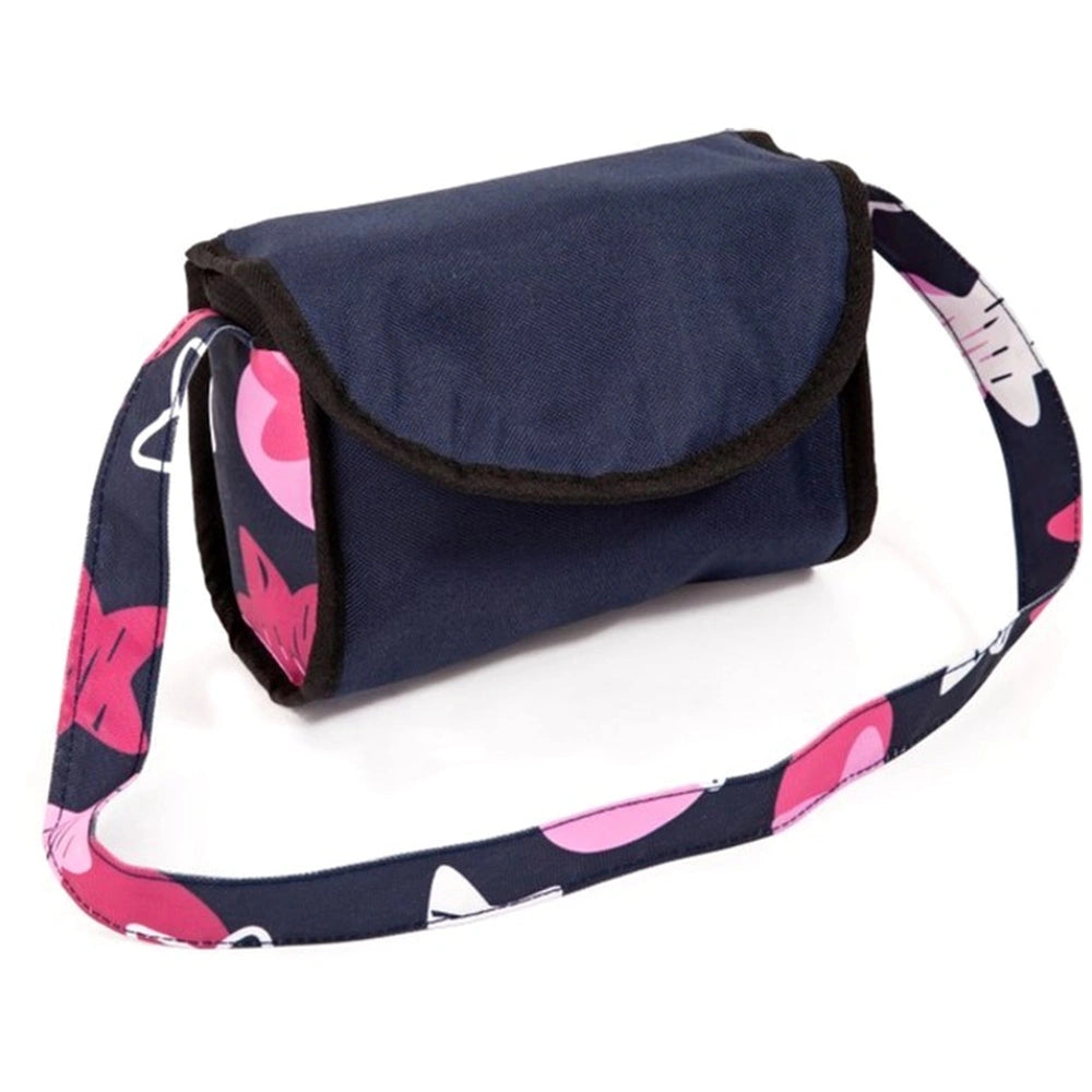 BAYER DESIGN City Star Dolls Stroller features a navy blue bag with a patterned pink and black strap, adjustable and flap clo