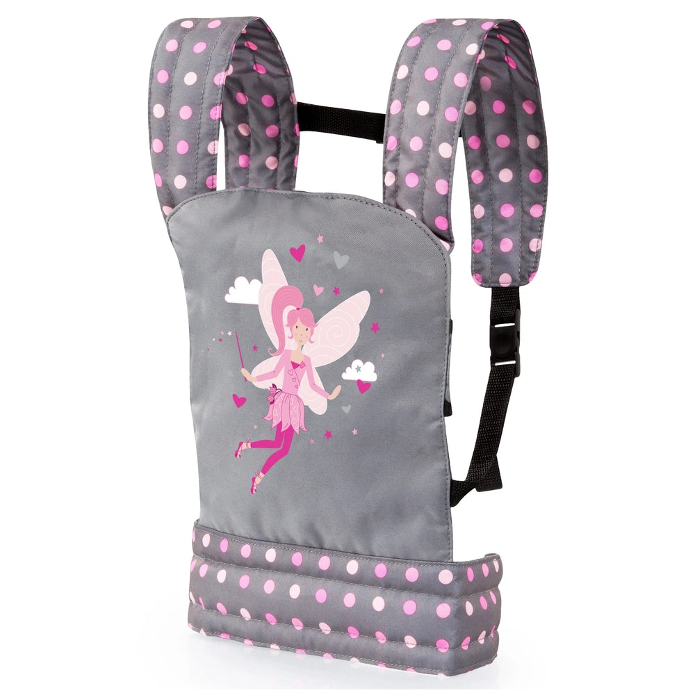BAYER DESIGN doll carrier in gray with pink polka dots features a fairy design, black strap, and matte finish.