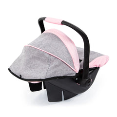 BAYER DESIGN Doll Deluxe Car Seat features gray fabric with pink trim, pink cushioning, and a black plastic frame.