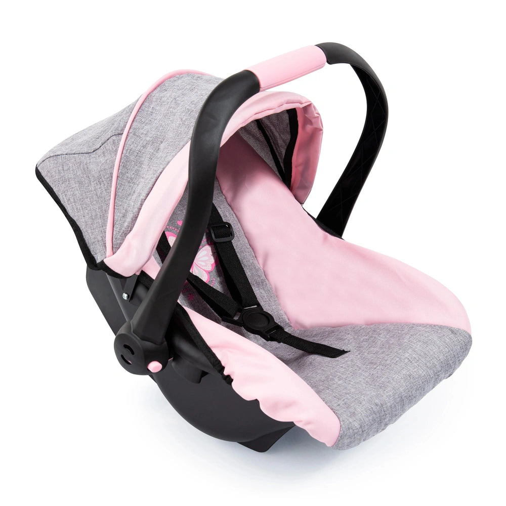 BAYER DESIGN Doll Deluxe Car Seat features a pink seat, grey frame, black handle, and canopy, designed for dolls playsets.