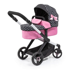 BAYER DESIGN Xeo-Doll's-Stroller features a black frame, pink seat, black canopy with pink bow, and black wheels with pink ce