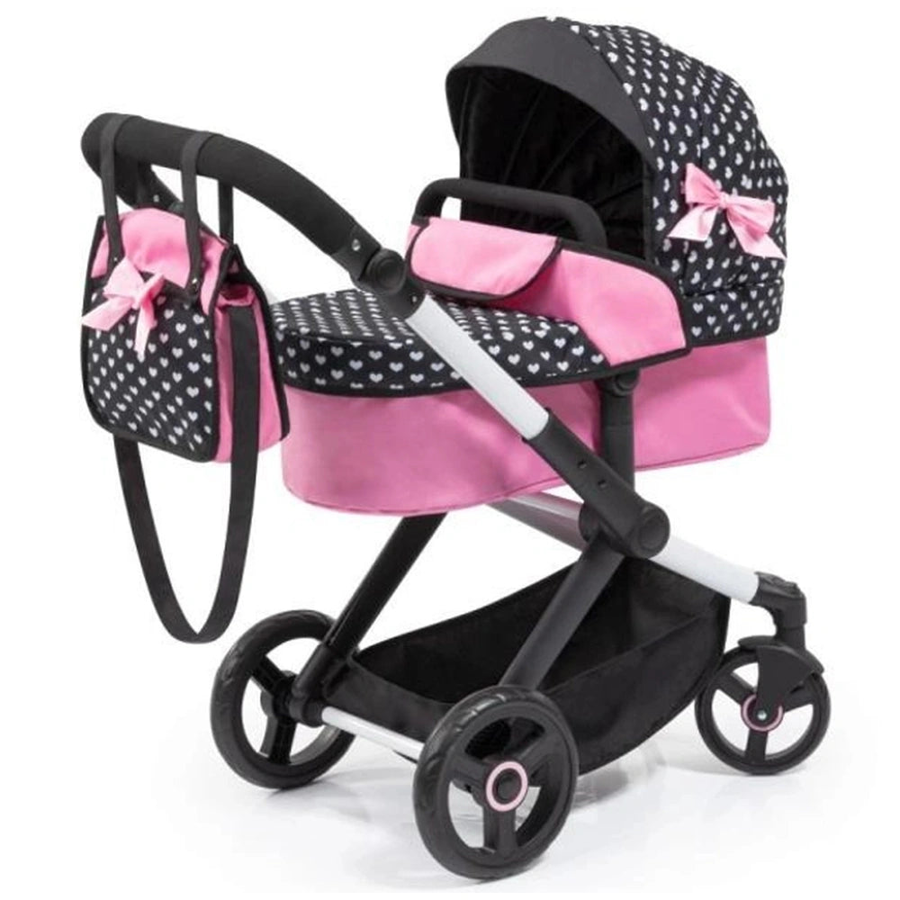 BAYER DESIGN Xeo-Doll's-Stroller features a black polka dot fabric, pink seat, and black handle with a pink bow.