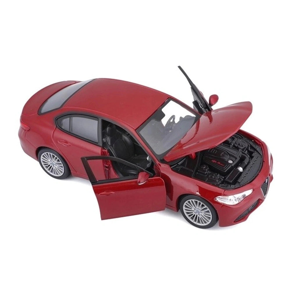 BBurago Alfa Romeo Giulia die-cast vehicle in red with a glossy body, black matte roof, and open hood, front view.