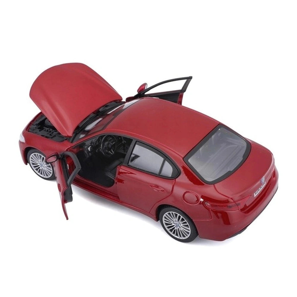 BBurago Alfa Romeo Giulia die-cast vehicle in glossy red finish with open roof and hood, showcasing a red interior.
