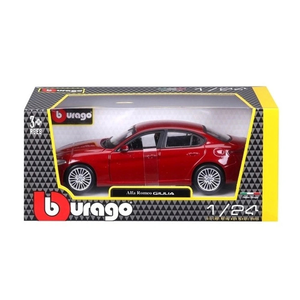 BBurago Alfa Romeo Giulia die-cast vehicle in red, displayed in glossy plastic and matte cardboard packaging with geometric b
