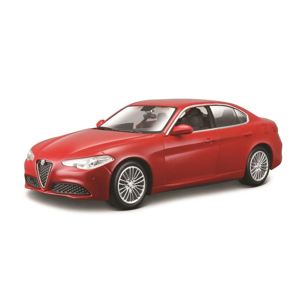 BBurago Alfa Romeo Giulia die-cast vehicle features a glossy red body, silver rims, and clear windows in a centered front vie