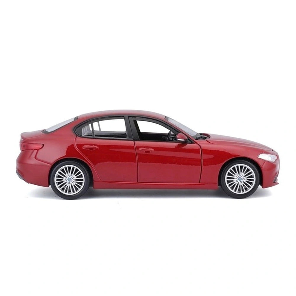 BBurago Alfa Romeo Giulia die-cast vehicle in glossy red with chrome wheels, featuring detailed front components and four doo