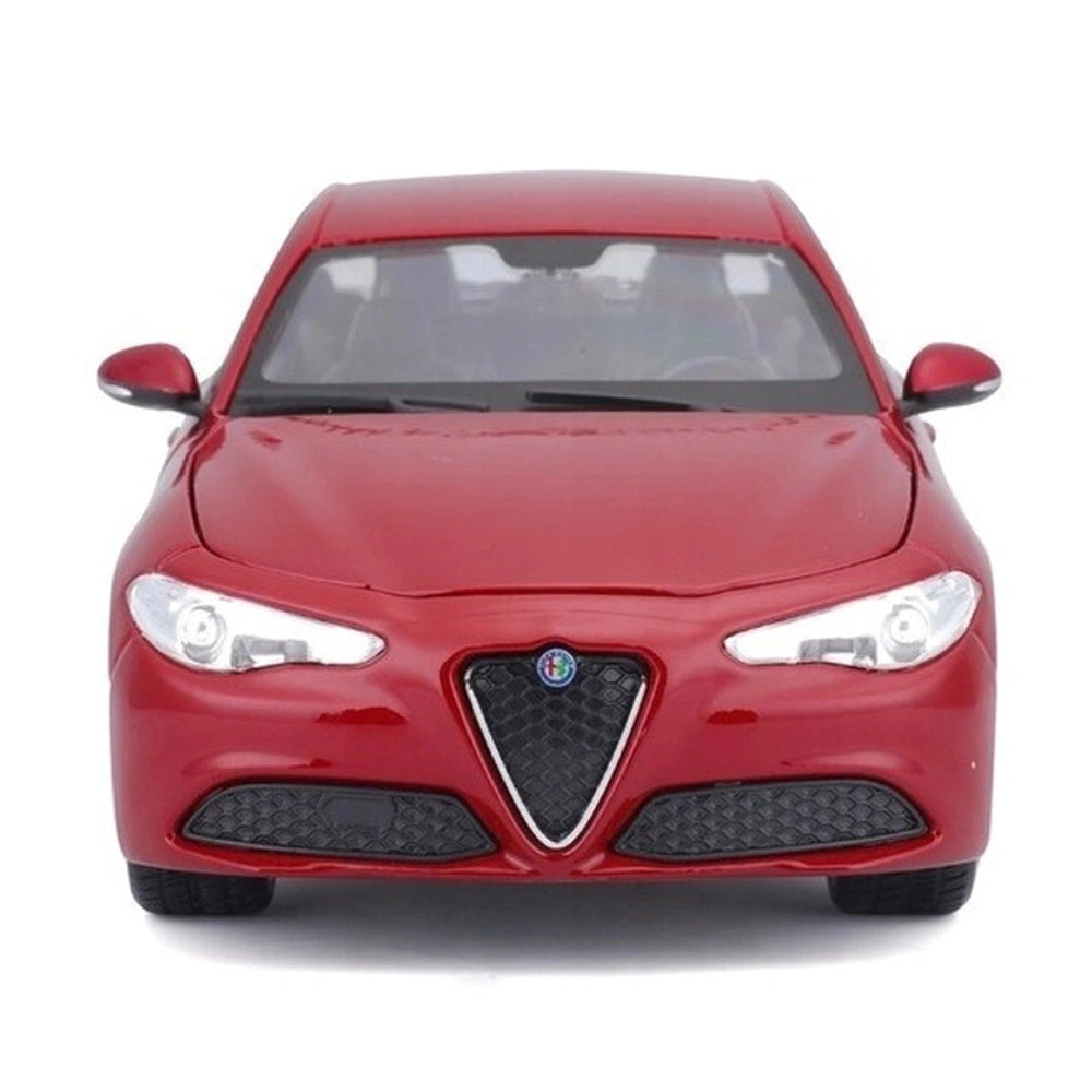 BBurago Alfa Romeo Giulia die-cast vehicle in glossy red with a matte roof, transparent windows, and clear headlights.
