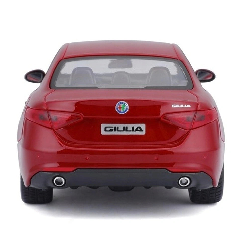 BBurago Alfa Romeo Giulia die-cast vehicle in glossy red with black wheels, mirrors, and transparent windows, showcasing deta
