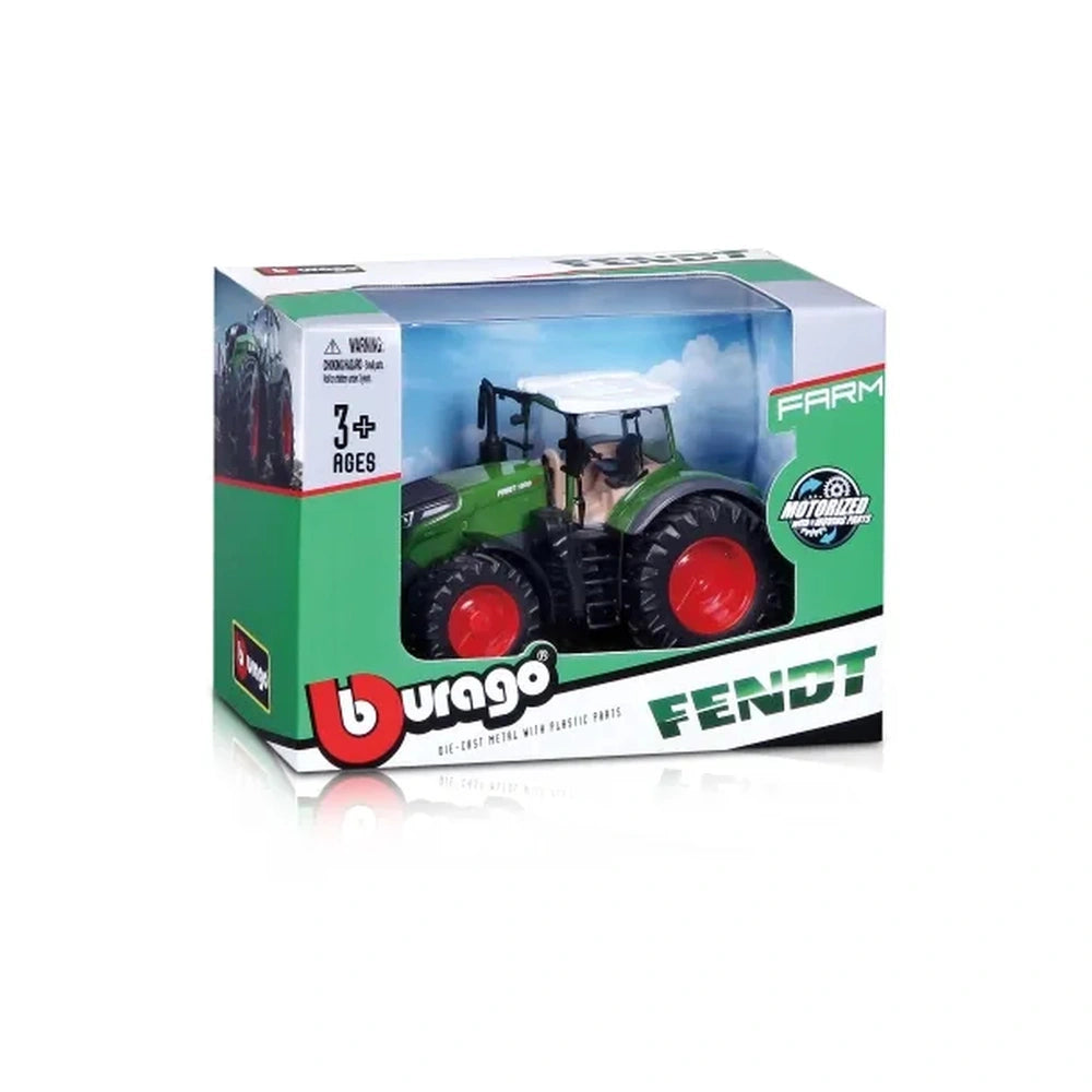 BBURAGO motorized die-cast metal farm tractor in green and red, displayed in retail packaging with a glossy plastic window.
