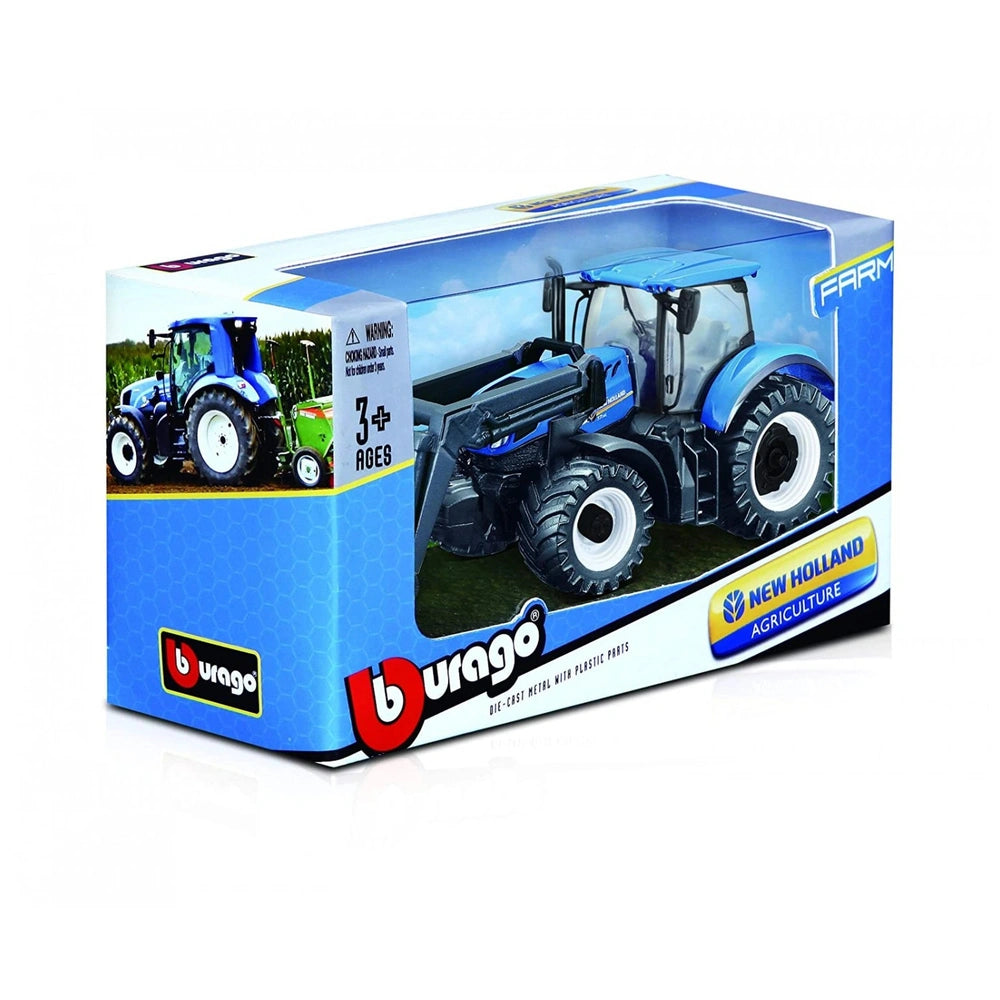 BBURAGO motorized die-cast metal farm tractor in blue and green, showcased in glossy blue packaging with clear window.