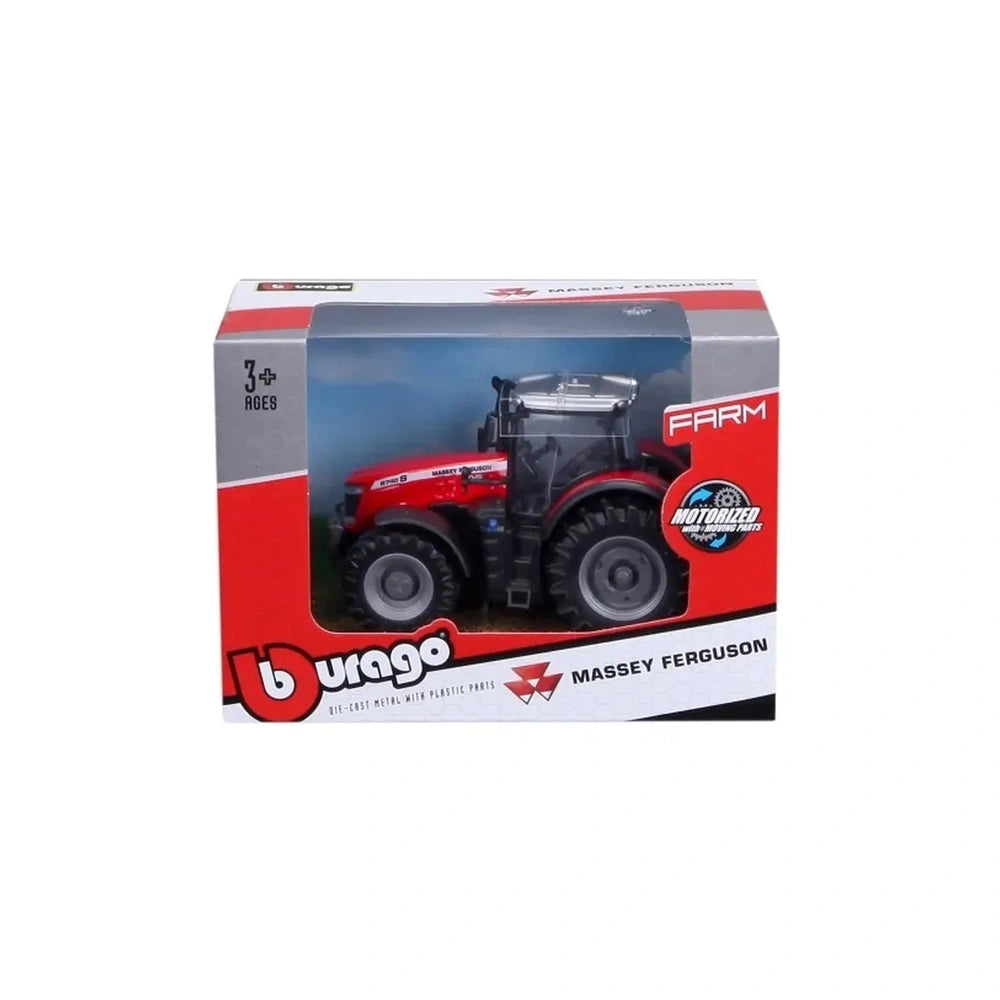 BBURAGO motorized die-cast metal farm tractor in red and white cardboard packaging with plastic window and blister pack.