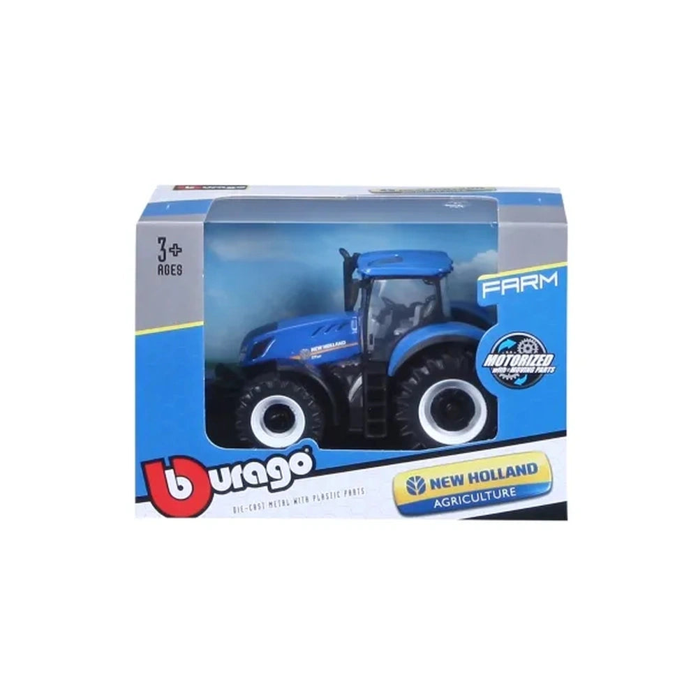 BBURAGO Farm Tractor Motorized Die-Cast Metal toy in blue packaging with white text and a transparent plastic window.