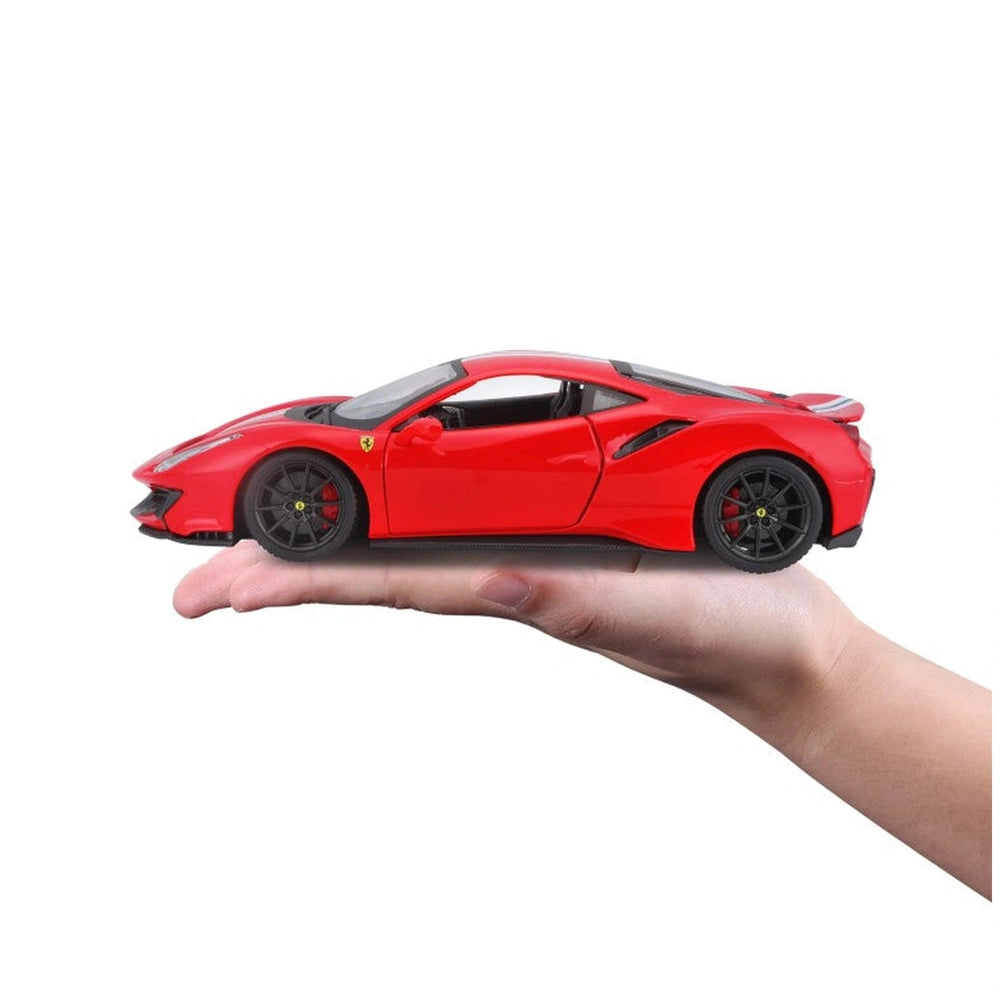 Ferrari 488 Pista die-cast model in glossy red plastic with black details, featuring transparent windows and intricate compon