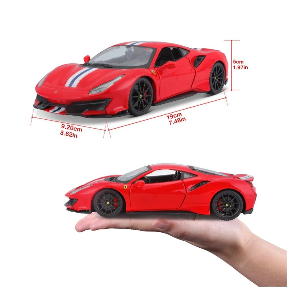 Ferrari 488 Pista die cast model in red with white stripe, featuring shiny plastic, black tires, and detailed components.