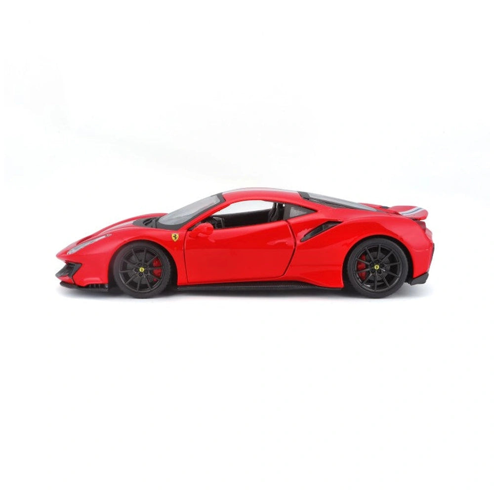 Ferrari 488 Pista die cast model in red with black wheels, showcasing detailed features like headlights and side mirrors.