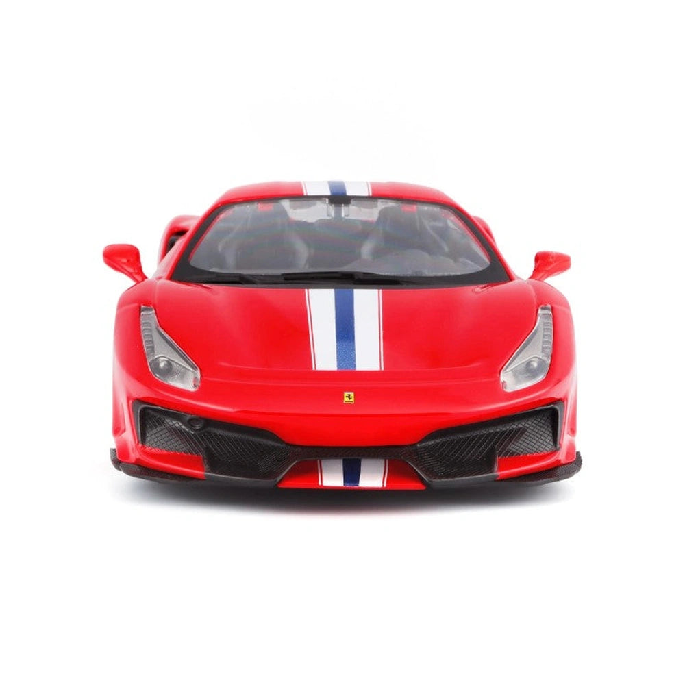 Ferrari 488 Pista die-cast model in red with glossy finish, blue and white stripe, black grille, and clear headlights.